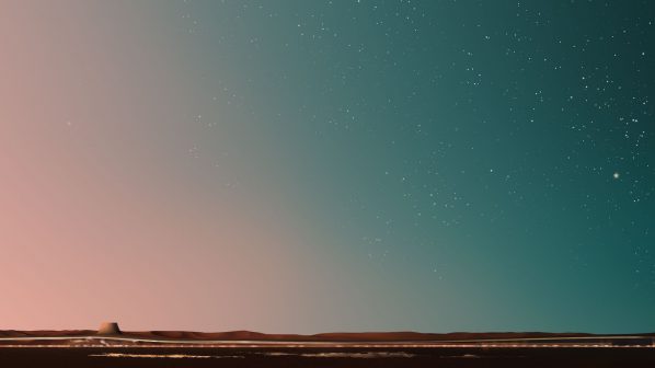 Un render di un paesaggio desertico al crepuscolo o all'alba, con un'ampia distesa di sabbia sotto un cielo sfumato di rosa, azzurro e verde scuro, costellato di stelle. Sul lato sinistro dell'orizzonte, si intravede una struttura architettonica curvilinea e allungata, che suggerisce un edificio moderno integrato nel paesaggio. Le luci della struttura brillano in lontananza. L'immagine evoca un senso di mistero e grandezza, in linea con un progetto architettonico di un hotel di lusso nel deserto.