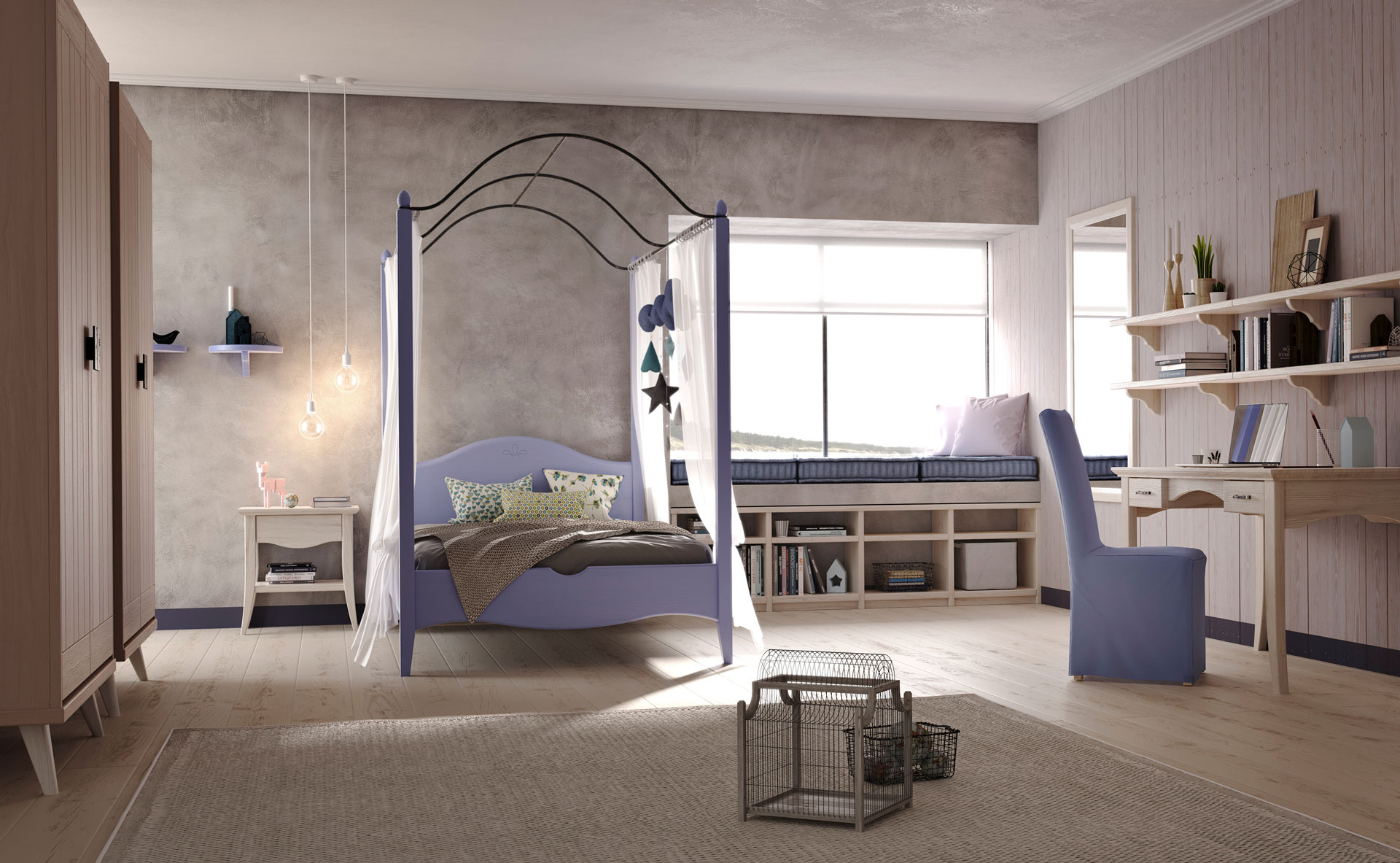 Una spaziosa e luminosa camera per bambini del brand Scandola, caratterizzata da un letto a baldacchino viola chiaro al centro, adornato con tende trasparenti bianche e un piumone grigio. Accanto al letto, sulla sinistra, un comodino bianco con una lampada da tavolo e tre lampadine pendenti con fili lunghi. Sulla parete sinistra, una texture grigia e due mensole blu a muro con vasi neri e un candelabro. Sulla destra, una zona studio con una scrivania in legno chiaro, una sedia azzurra e mensole a muro decorate con libri e oggetti. La finestra sulla destra ha una seduta imbottita in blu e decorazioni a forma di nuvole e stelle nere e verdi. In primo piano, su un tappeto chiaro, si trovano due gabbie decorative per uccelli. Un armadio alto e stretto di colore rosa cipria è visibile sulla sinistra. L'ambiente è illuminato da luce naturale e artificiale, creando un'atmosfera accogliente e funzionale.