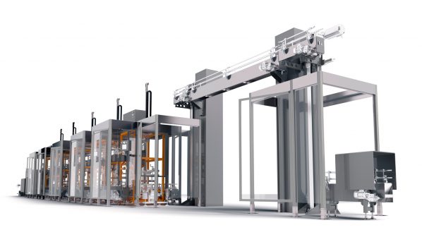 Un macchinario per l'automazione industriale del brand GPI Group, progettato per il confezionamento o l'imballaggio, dal design moderno e pulito, prevalentemente in tonalità di grigio. La macchina è composta da un lungo nastro trasportatore che alimenta una struttura più ampia con sezioni in vetro trasparente, che permettono di visualizzare i meccanismi interni. Sulla parte superiore destra della macchina, due semafori rossi e verdi indicano lo stato operativo. Il logo "G GROUP GEO PROJECT INDUSTRIES" è ben visibile sulla sezione frontale. L'immagine enfatizza la scalabilità e l'efficienza di questo sistema di automazione di GPI Group.