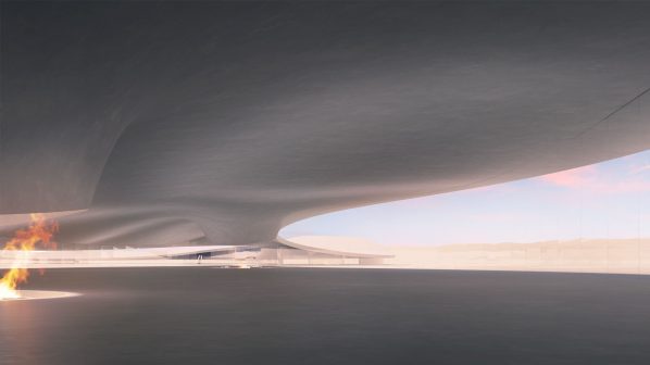 Un'ampia struttura architettonica futuristica o scultorea, dalle forme fluide e sinuose, è immersa in un paesaggio desolato che si estende all'orizzonte sotto un cielo sfumato di bianco e rosa. La struttura, di colore grigio chiaro, presenta grandi curve e aperture che creano un senso di movimento e leggerezza. Sul lato sinistro, un bagliore intenso di fuoco arancione e giallo sale da terra, contrastando nettamente con le tonalità fredde dell'ambiente. L'intera scena evoca un'atmosfera surreale e di vasta scala, come un'opera d'arte monumentale o un edificio iconico in un contesto desertico o alieno.