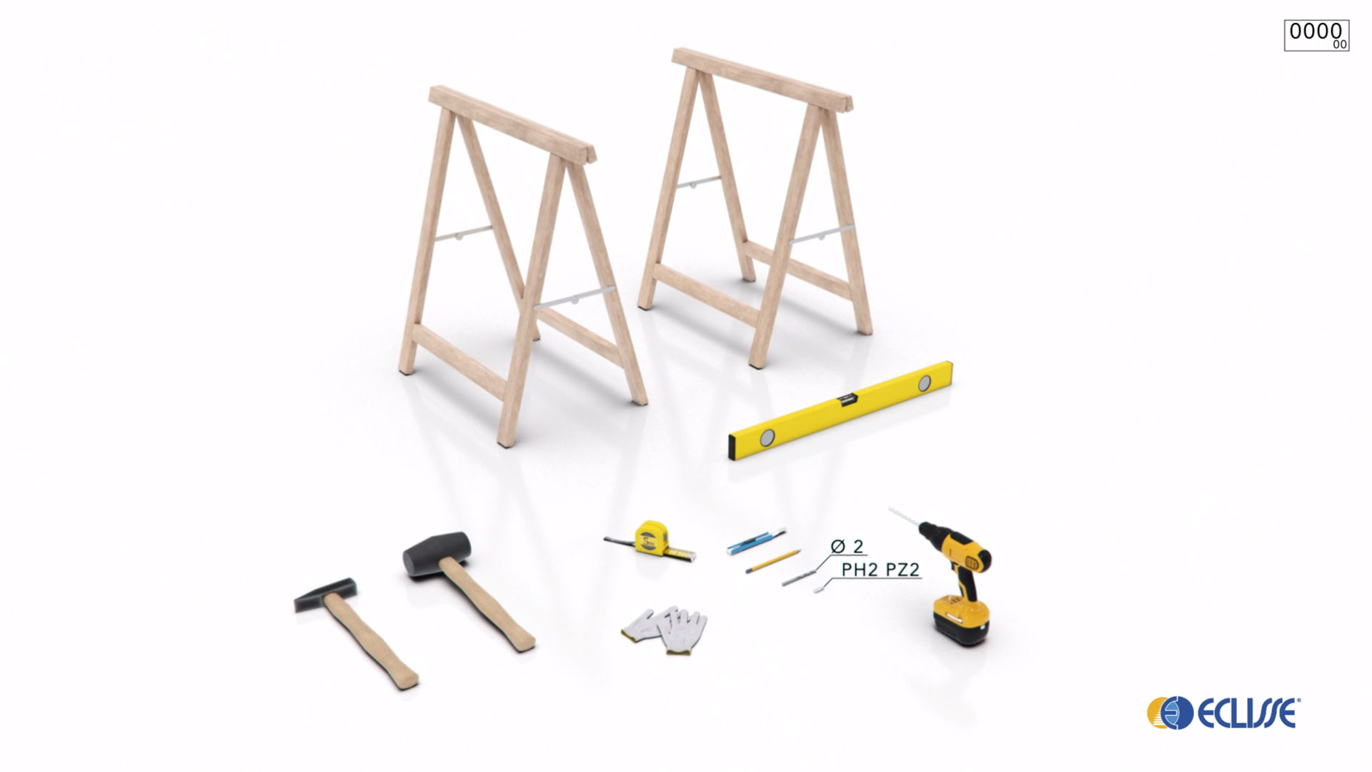 Un set di strumenti per l'assemblaggio di un controtelaio Eclisse, disposti su uno sfondo bianco. Sono presenti due cavalletti da lavoro in legno pieghevoli. Tra gli strumenti sul pavimento ci sono: due mazze con teste di gomma, una livella a bolla gialla, un metro a nastro giallo, punte da trapano, una matita e un paio di guanti da lavoro bianchi. In basso a destra, è visibile il logo Eclisse. L'immagine illustra gli attrezzi necessari per l'installazione del prodotto.