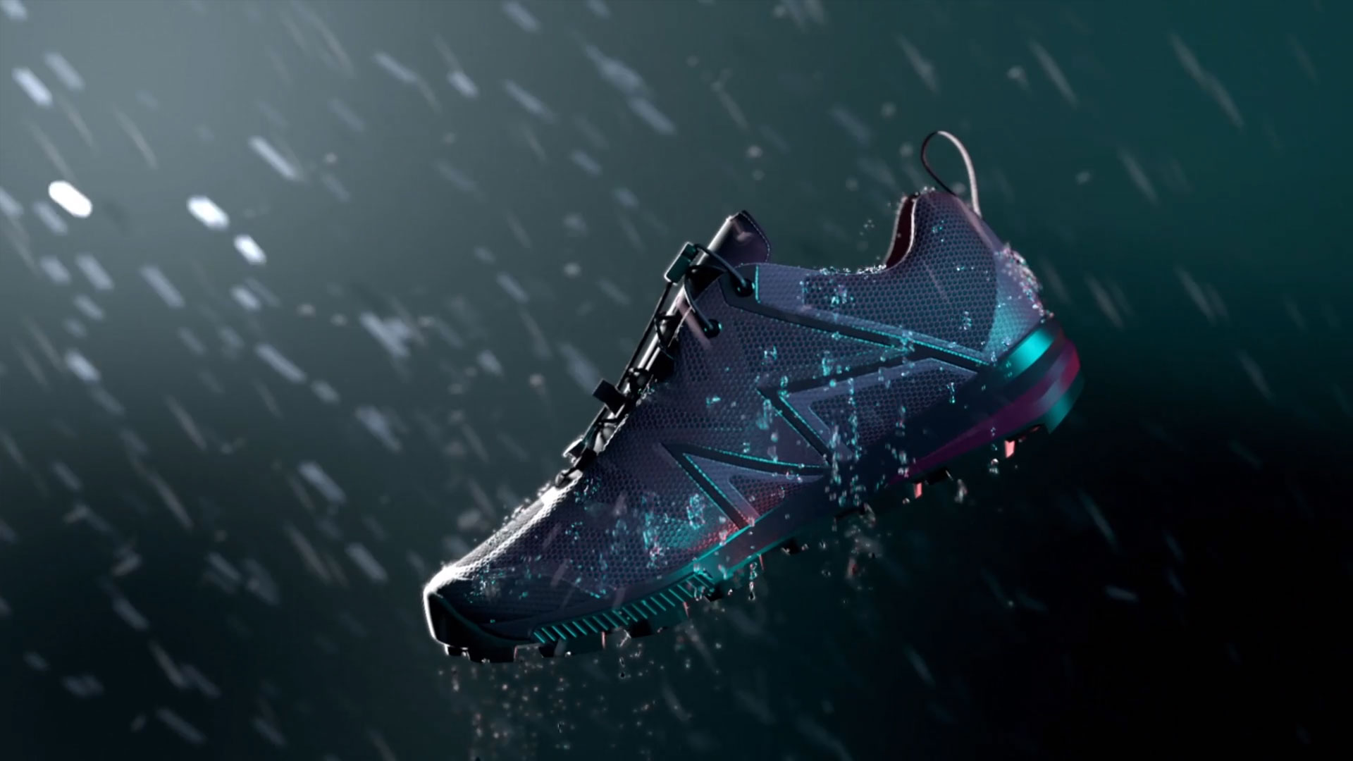 Una scarpa da trekking MCKINLEY Flysome AQX nera e grigia è sospesa a mezz'aria, con gocce d'acqua che schizzano dalla sua superficie, suggerendo le sue proprietà impermeabili e la sua idoneità per ambienti umidi. La scarpa presenta dettagli blu e rosa iridescente verso il tallone e una suola robusta con battistrada marcato. La luce colpisce la scarpa dall'alto, creando riflessi brillanti sulle goccioline d'acqua e sulle superfici del materiale, il tutto su uno sfondo scuro e sfocato che enfatizza il movimento e la tecnologia.