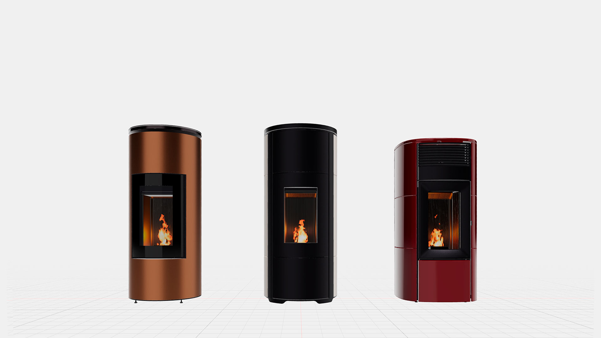 Tre stufe a pellet verticali, cilindriche o leggermente ovali, con fiamme visibili all'interno attraverso una finestra trasparente, sono esposte su uno sfondo bianco minimalista. Da sinistra a destra, i colori delle stufe sono: rame metallico lucido, nero opaco e rosso bordeaux lucido. Tutte e tre le stufe hanno un design moderno e pulito, con linee verticali eleganti e un'apertura quadrata o rettangolare per visualizzare il fuoco. I piedi delle stufe sono sottili e neri.