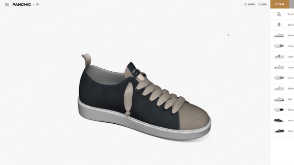 Un'interfaccia utente di un configuratore di scarpe online, che mostra una sneaker dal design moderno. La scarpa, in una combinazione di colori nero carbone e beige chiaro, è visualizzata in 3D al centro dello schermo bianco. I lacci sono di un colore beige chiaro che si abbina alla punta. Sul lato destro dell'interfaccia, una colonna di icone e opzioni permette all'utente di personalizzare vari componenti della scarpa, come il tallone, i lati, la fodera e la suola. In alto a destra, è visibile il prezzo e le opzioni per salvare o condividere il design. In alto a sinistra, il logo "PANCHIC | P01" indica il brand e il modello.