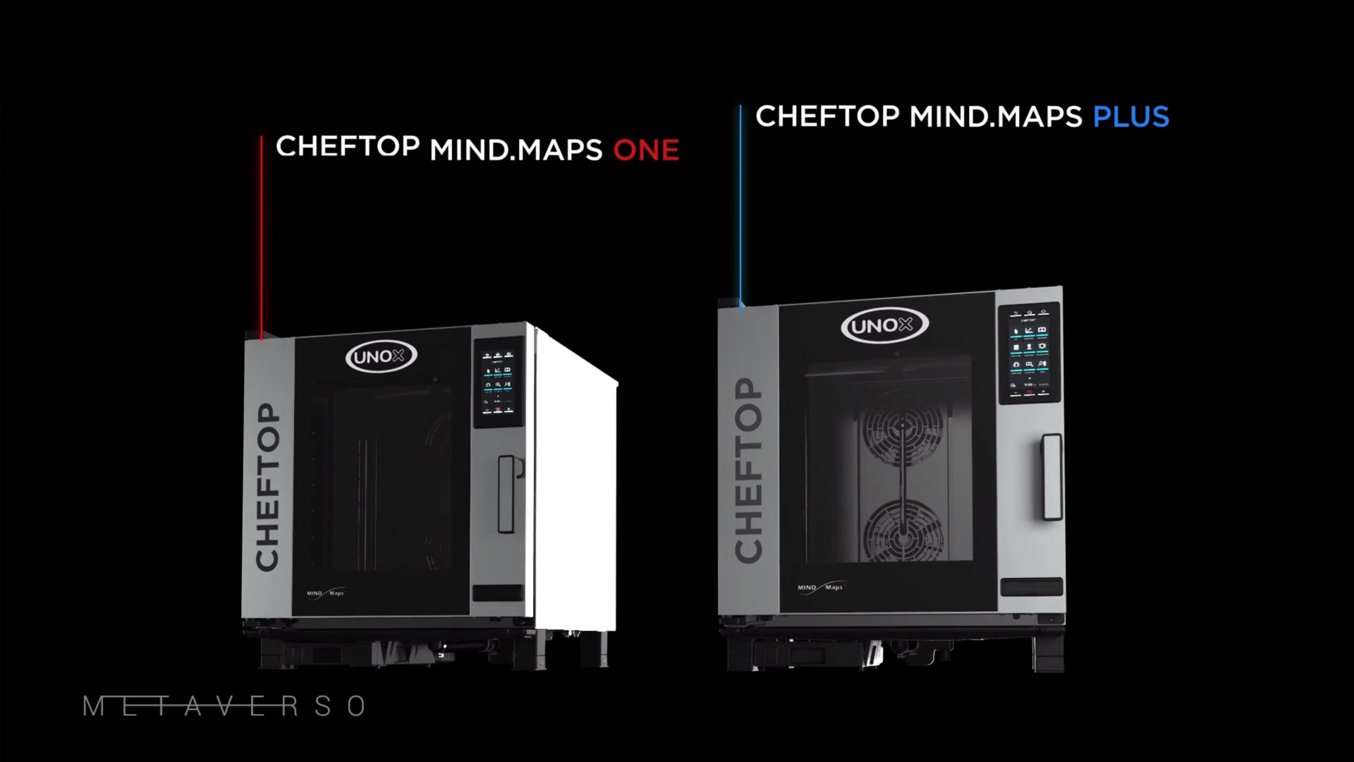 Due forni industriali o forni combinati sono mostrati affiancati su uno sfondo nero. Entrambi i forni sono di colore grigio scuro e bianco. Il forno a sinistra è etichettato "CHEFTOP MIND.MAPS ONE" con una linea rossa che punta verso di esso. Il forno a destra, leggermente più grande, è etichettato "CHEFTOP MIND.MAPS PLUS" con una linea blu che punta verso di esso, e presenta una porta in vetro con due ventole visibili all'interno. Entrambi i forni hanno il logo "UNOX" e un pannello di controllo verticale con pulsanti e display sul lato destro. In basso a sinistra, la parola "METAVERSO" è scritta in bianco.