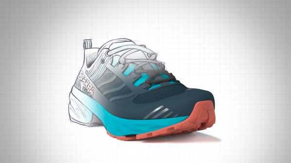 Una composizione che unisce un disegno a schizzo e un modello 3D di una scarpa da corsa. La metà posteriore della scarpa è rappresentata da un disegno a linee sottili su carta a quadretti, che mostra i dettagli strutturali e il profilo. La metà anteriore della scarpa è un rendering 3D colorato e realistico, con una punta blu scuro, una suola arancione sulla parte inferiore anteriore e un vivace turchese sulla parte inferiore dell'intersuola. Il logo "SCARPA" è visibile sul lato.