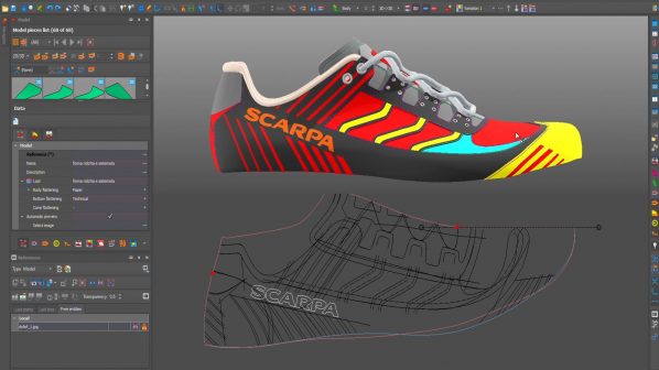 Un'interfaccia di un software di modellazione 3D mostra una scarpa da arrampicata o da trail dal design complesso e multicolore. La scarpa è visualizzata in grande nella parte superiore dello schermo, con colori vivaci come rosso, giallo, azzurro e nero, e il logo "SCARPA" ben visibile sul lato. Nella parte inferiore dell'interfaccia, è presente un contorno tecnico della scarpa in bianco e nero, con linee che ne delineano la forma e i dettagli della suola. L'interfaccia include numerosi menu e strumenti tipici dei software 3D, come una barra degli strumenti in alto e pannelli laterali con dati e proprietà del modello.