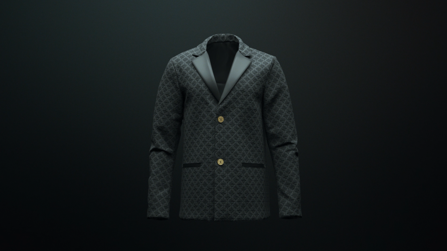 Una giacca elegante di colore blu scuro con un motivo intricato e ripetuto di forme geometriche. La giacca ha un rever lucido di colore nero e due bottoni dorati in primo piano. Una tasca con bordo nero è visibile sotto il bottone inferiore a destra. La giacca è posta contro uno sfondo scuro sfumato.