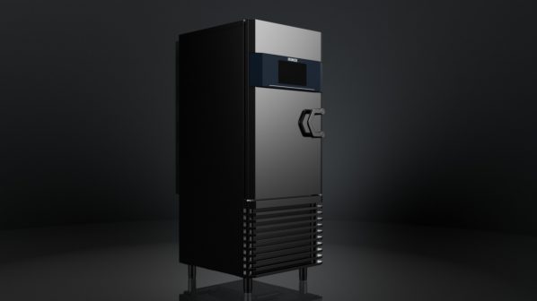 Un'unità di refrigerazione o congelatore industriale autoportante, di colore grigio scuro metallizzato, con un pannello di controllo blu e uno schermo nero nella parte superiore. L'unità è dotata di una maniglia incassata e una griglia di ventilazione inferiore, poggiando su piedini rialzati. Lo sfondo è uniformemente scuro.