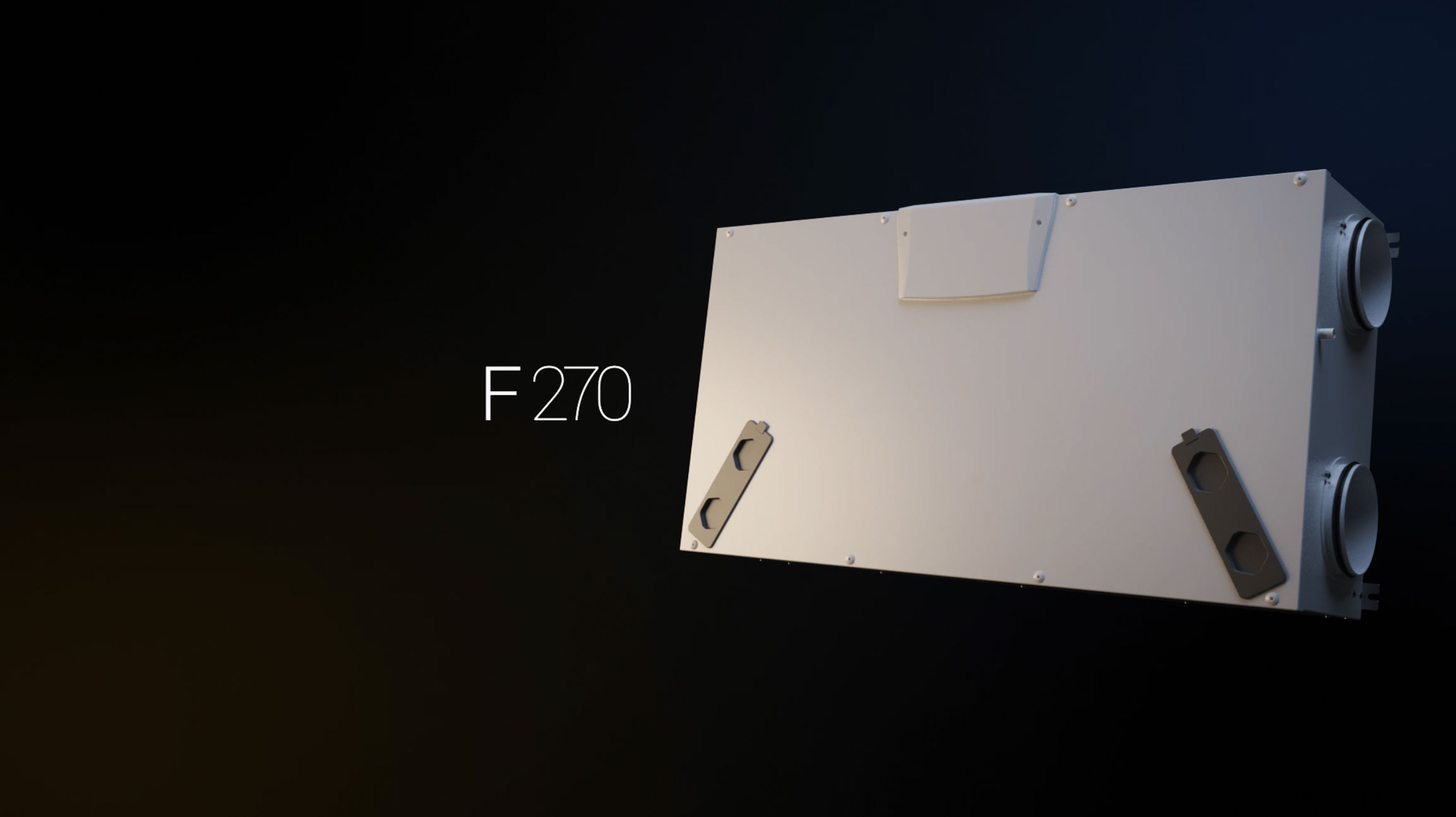 Un'unità di ventilazione bianca SABIANA F270 con connettori circolari su un lato e staffe di montaggio scure sugli angoli, è visualizzata su uno sfondo nero. Sulla sinistra è presente il testo bianco "F270".