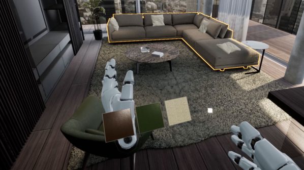 Un'interfaccia di realtà aumentata o virtuale mostra una mano robotica che seleziona campioni di tessuto colorati, tra cui marrone, verde e beige, sospesi a mezz'aria. Sullo sfondo, un salotto virtuale con un divano ad angolo di colore chiaro delineato da una luce gialla, un tavolino rotondo con riviste e un tappeto shaggy. L'ambiente è una stanza moderna con pavimento in legno e grandi finestre.
