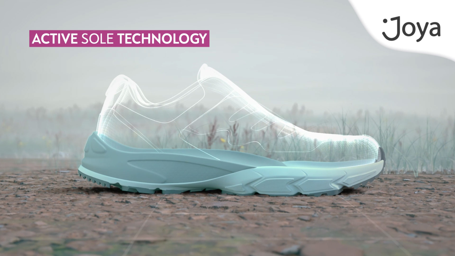 Un'illustrazione digitale di una scarpa da ginnastica, con la parte superiore trasparente che rivela uno sfondo sfocato di alberi e un primo piano di terreno ghiaioso. La suola robusta è di colore azzurro chiaro, e in alto a sinistra è visibile un banner rosa con la scritta "ACTIVE SOLE TECHNOLOGY", mentre in alto a destra compare il logo "Joya".