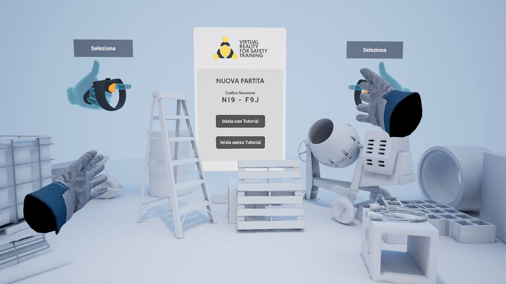 Interfaccia di un'applicazione di realtà virtuale per la formazione sulla sicurezza, con un pannello centrale che mostra l'opzione "NUOVA PARTITA" con i pulsanti "Inizia con Tutorial" e "Inizia senza Tutorial". Nello sfondo di un cantiere digitale, sono visibili due mani virtuali con guanti da lavoro e controller, che puntano verso l'interfaccia. Elementi del cantiere come blocchi, una scala e una betoniera sono sparsi nell'ambiente virtuale.