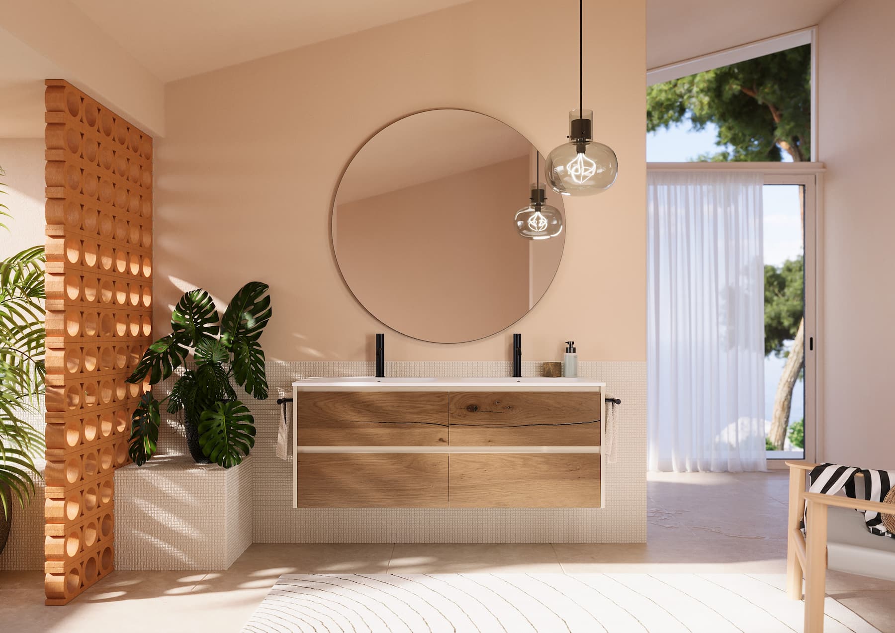 Bagno moderno con doppio lavabo in legno, specchio rotondo e illuminazione di design.