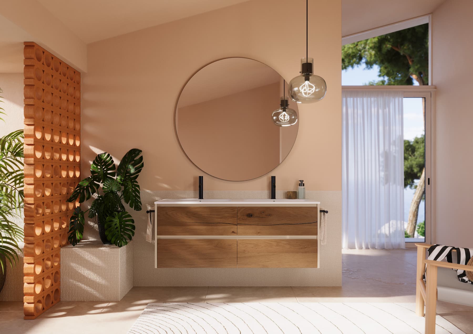 Bagno moderno con doppio lavabo in legno, specchio rotondo e illuminazione di design.