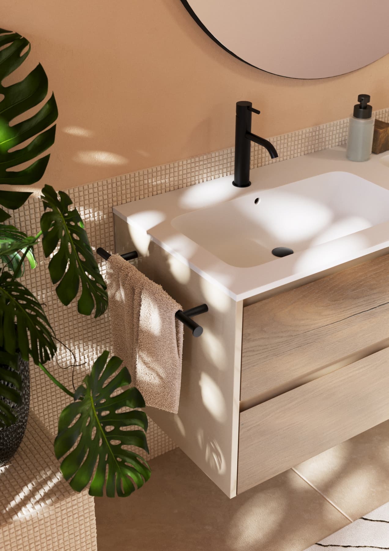 Lavabo bagno moderno con mobile in legno, rubinetto nero e pianta