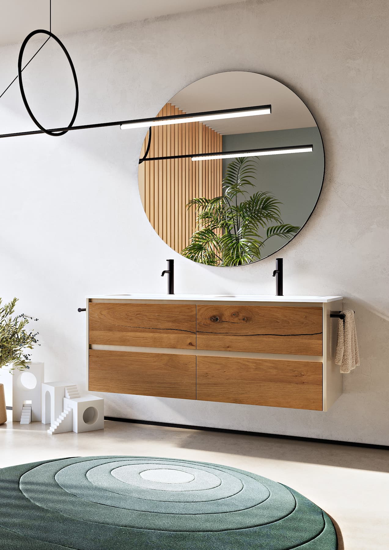 Bagno moderno con mobile lavabo in legno, specchio rotondo e illuminazione LED.