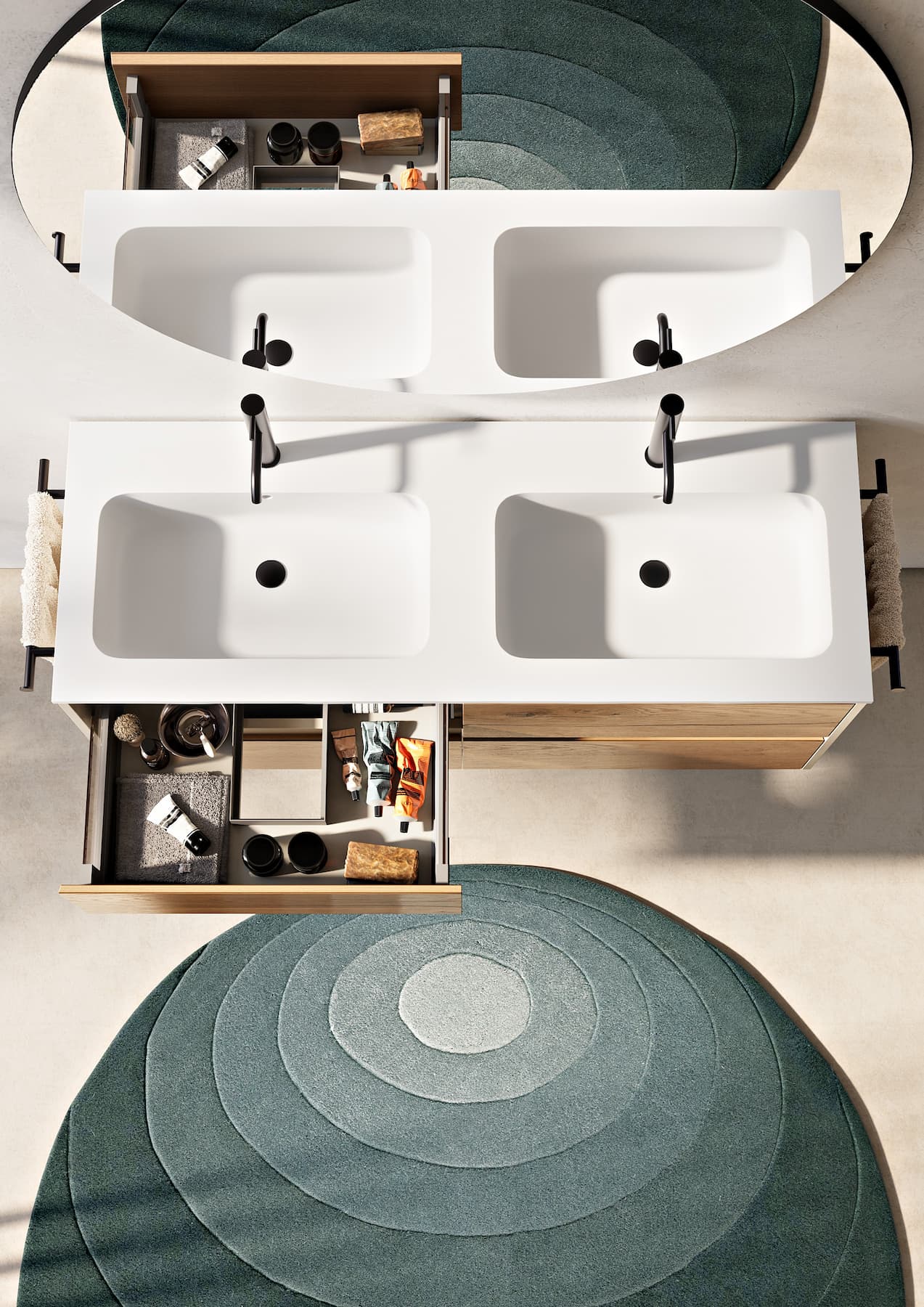 Doppio lavabo da bagno con cassetto aperto e tappeto rotondo verde.
